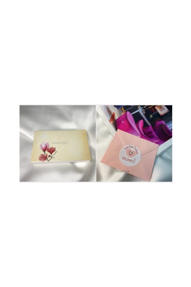 8x5 cm Pembe Lale Baskılı Yazısız Kart , 7x9 cm Pembe Zarf 4 Cm Etiket 5li Set ürün görseli 1