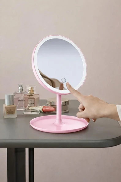 3B Trend LED Işıklı Dokunmatik Masaüstü Makyaj Aynası Ayarlanabilir Pembe Kozmetik Aynası ürün görseli 1