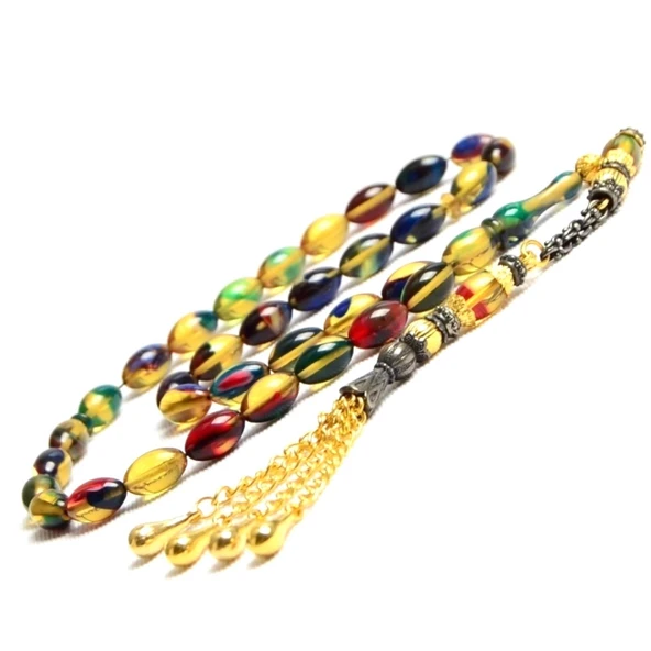Arpa Kesim 11x7 mm Ateş Kehribar Alpaka Püsküllü Tesbih ürün görseli 1