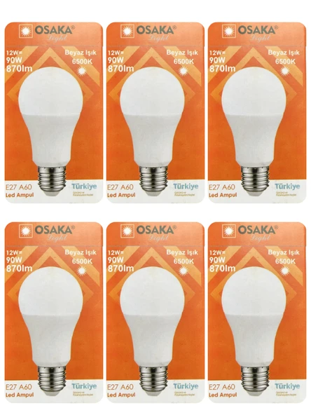 (6 Adet) Osaka 12W (90W) Beyaz Işık (6500K) E27 Duylu (Kalın Duy) Led Ampul ürün görseli 1