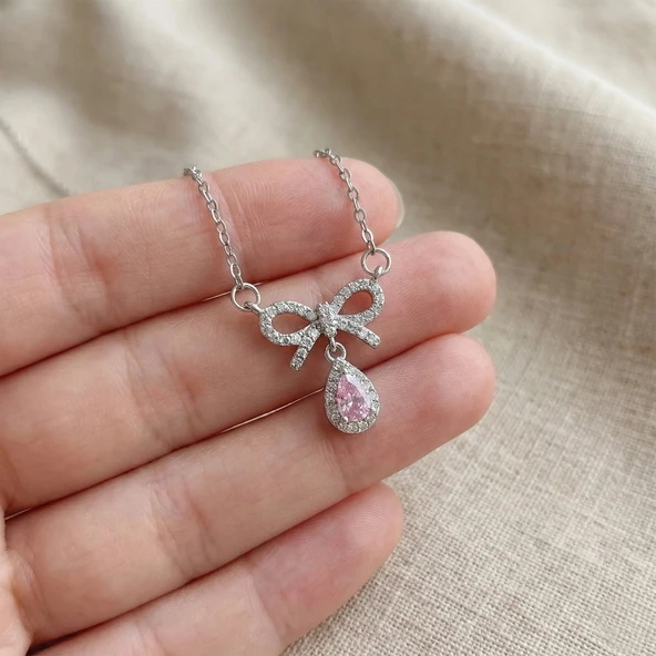 Pembe Damla Taşlı Çelik Kurdele Kolye - Resim 2