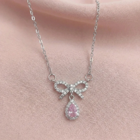 Pembe Damla Taşlı Çelik Kurdele Kolye - Resim 6