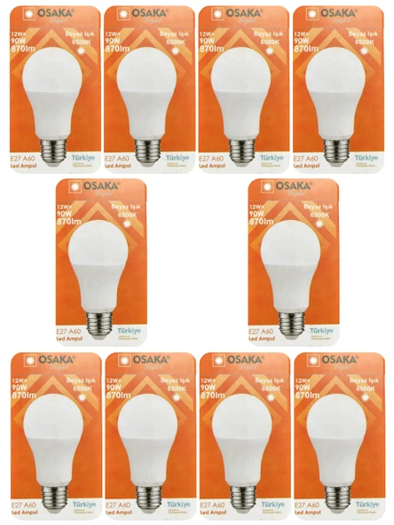 (10 Adet) Osaka 12W (90W) Beyaz Işık (6500K) E27 Duylu (Kalın Duy) Led Ampul ürün görseli 1