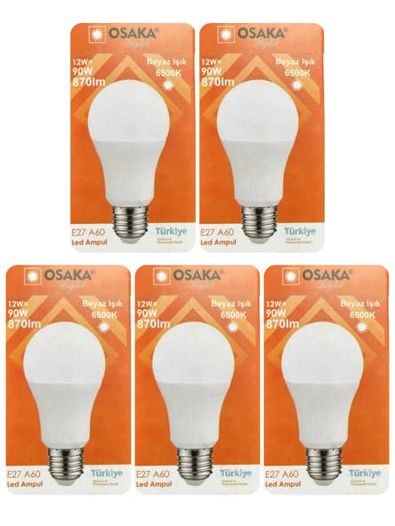 (5 Adet) Osaka 12W (90W) Beyaz Işık (6500K) E27 Duylu (Kalın Duy) Led Ampul ürün görseli 1