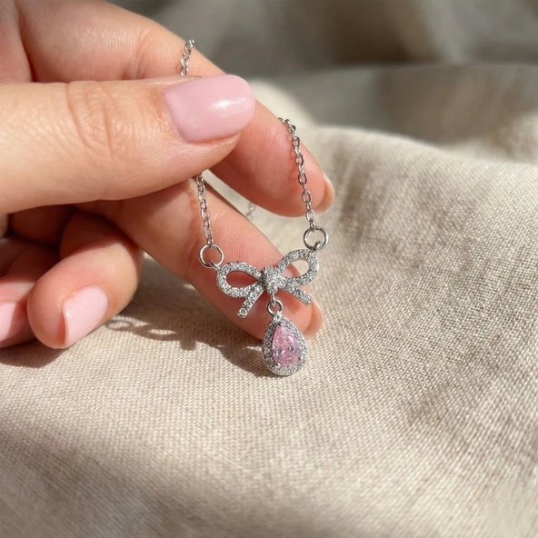 Pembe Damla Taşlı Çelik Kurdele Kolye - Resim 5