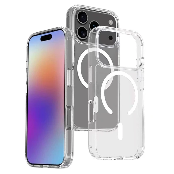 iPhone 17 Pro Kılıf Magsafe Şarj Özellikli Şeffaf Sert PC Embos Kapak ürün görseli 1