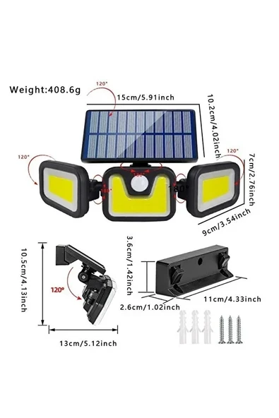 Üçlü Solar Led Projektör – Beyaz Işık – Sensörlü Dış Mekân Aydınlatma (5433) ürün görseli 1
