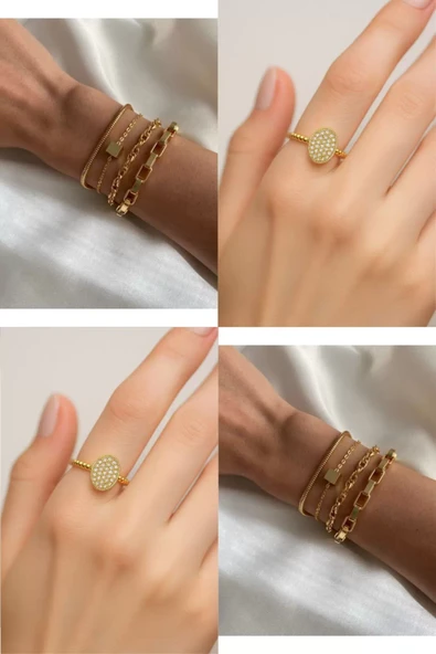 2'Lİ Set - Dörtlü Kombin Bileklik, Altın Renk Oval Motif Zirkon Yüzük SNJ-SET1005 ürün görseli 1