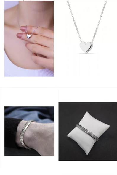 2'Lİ Set - Gümüş Renk Taşsız Kalp Kolye, Unisex Yassı Tırtıl Birbirine Geçmeli Bileklik SNJ-SET1010 ürün görseli 1