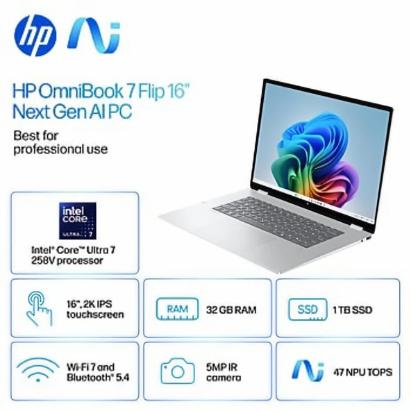 HP Omnibook X Flip 16" 2-In-1 Aİ Laptop Intel Core Ultra 7 258V - Copilot+ Pc - 3k OLED Touchscreen 32GB Memory - 1tb SSD Intel Evo Platform Powered by Intel Core Ultra 7 258V WİNDOWS 11 PRO ürün görseli 1