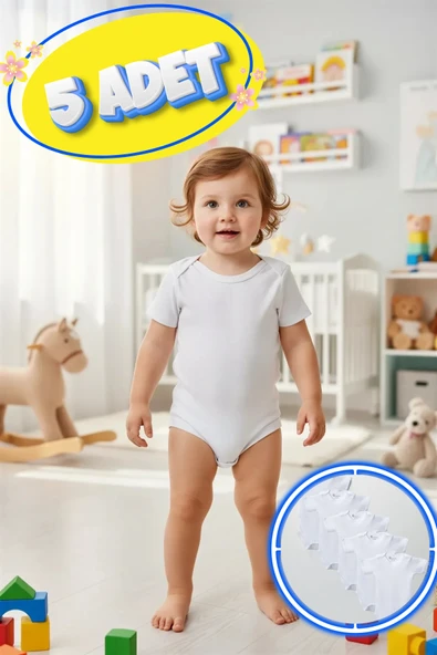 Büyük Beden 5’li Kısa Kol Body Zıbın Beyaz – Pamuklu, Alttan Çıtçıtlı, Rahat, Özel Çocuklara Uygun ürün görseli 1