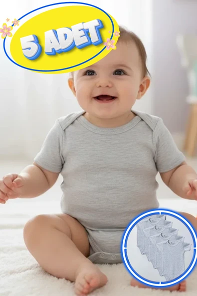 Büyük Beden 5’li Kısa Kol Body Zıbın Gri – Pamuklu, Alttan Çıtçıtlı, Rahat, Çocuklara Uygun ürün görseli 1
