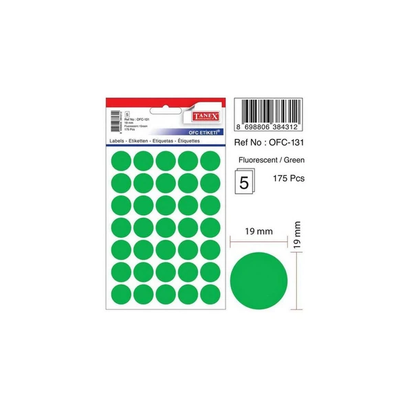 Tanex Ofis Etiketi Poşetli Yuvarlak 19 Mm Mix Color Ofc-131 (10 Lu Paket) ürün görseli 1