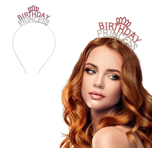 Kristal Taşlı Birthday Princess Yazılı Parti Tacı Pembe Renk ürün görseli 1