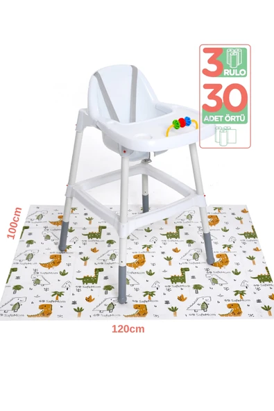 SafeMom Su Geçirmez Kağıt Aktivite Örtüsü - Mama Sandalyesi Örtüsü - 3'lü Paket - 30 Rulo - 100x120 Cm ürün görseli 1