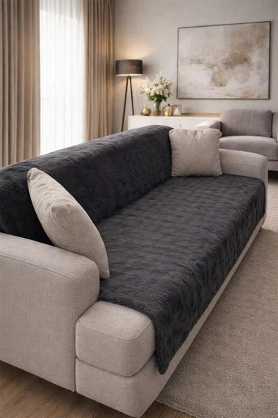 Bubble Tavşan Tüyü Kaymaz Tabanlı Koltuk Örtüsü 170x215 Cm Antrasit ürün görseli 1