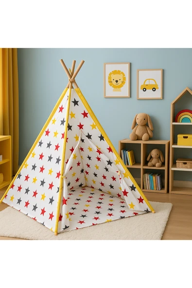 SafeMom Ahşap Kızılderili Bebek Çocuk Oyun Çadırı - Stars ürün görseli 1