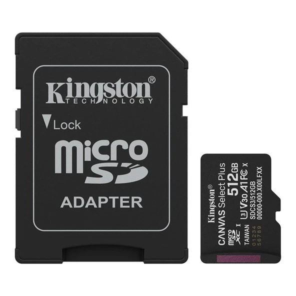 Kingston SDCS3/512GB 512GB MicroSDXC Canvas Select Plus Gen3 150MB/s A1 Card + Adapter ürün görseli 1