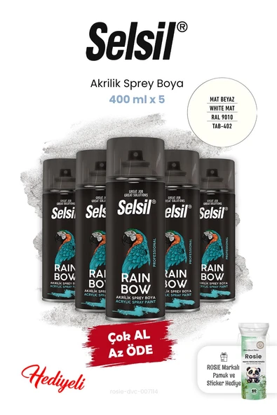 Selsil Mat Beyaz 400 ml x 5 Akrilik Sprey Boya ve Rosie ürün görseli 1