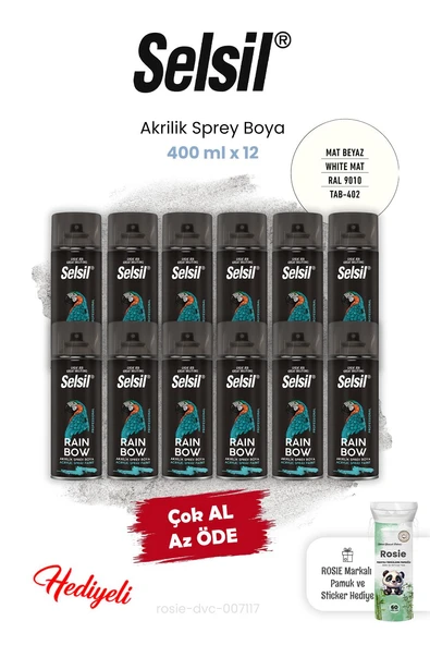Selsil 12 adet Akrilik Sprey Boya 400 ml Mat Beyaz ve Rosie ürün görseli 1