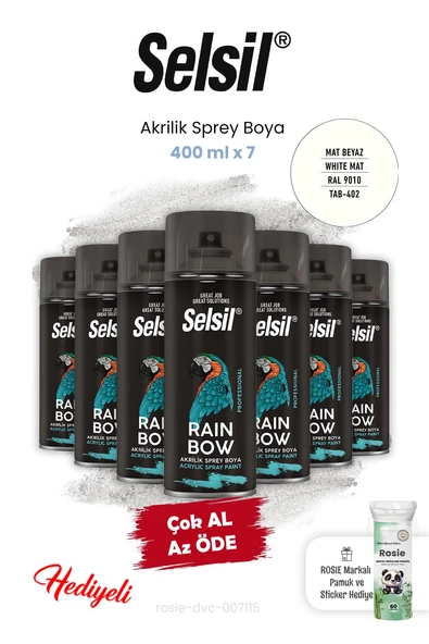 Selsil 400 ml x 7, Mat Beyaz Akrilik Sprey Boya ve Rosie ürün görseli 1