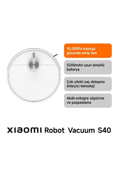 Xiaomi Robot Vacuum S40 Beyaz Akıllı Robot Süpürge + Paspas -10000 Pa Emiş Gücü (Xiaomi TR Garantili) ürün görseli 1