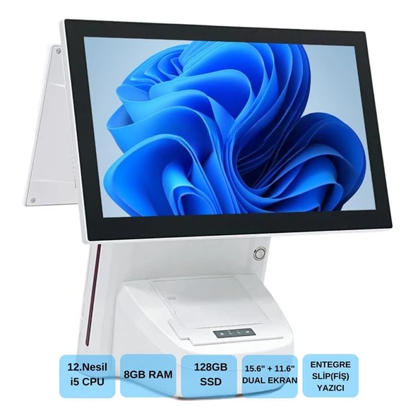 IROMX WP-1215W10 I5 12.GEN 8GB 128GB 15.6+11.6" WIFI/DAHİLİ SLİP YAZICILI BEYAZ ENDÜSTRİYEL POS PC ürün görseli 1