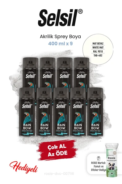 Selsil Akrilik Sprey Boya 400 ml x 9 Mat Beyaz ve Rosie ürün görseli 1