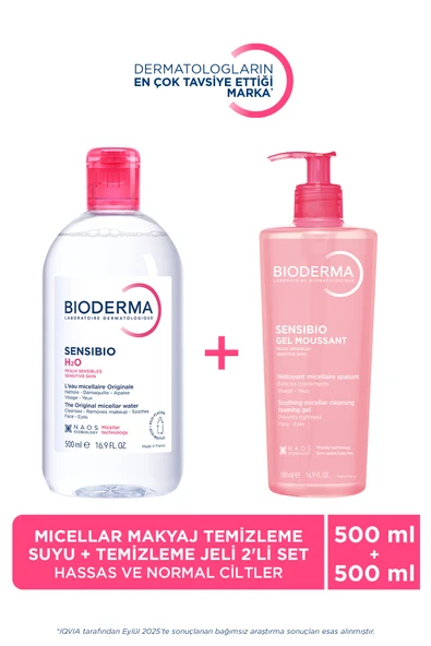 BİODERMA Hassas ve Normal Ciltler 500 ml H2O Micellar Makyaj Temizleme Suyu & 500 ml Temizleme Jeli 2'li Set ürün görseli 1