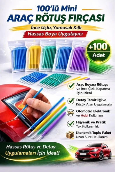 #RötuşBoya Araba Oto Kaporta Çizik Tek Kullanımlık Hassas Detaylı Uygulama Rötuş Fırçası Mini 100'lü ürün görseli 1