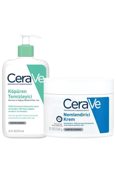 CERAVE Foaming Cleanser Köpüren Temizleyici Yağlı Ve Karma Cilt 473 ml Nemlendirici Krem 340 gr Yü ürün görseli 1
