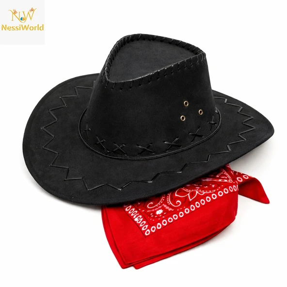 Çocuk Kovboy Şapka Siyah & Kırmızı Bandana Seti ürün görseli 1