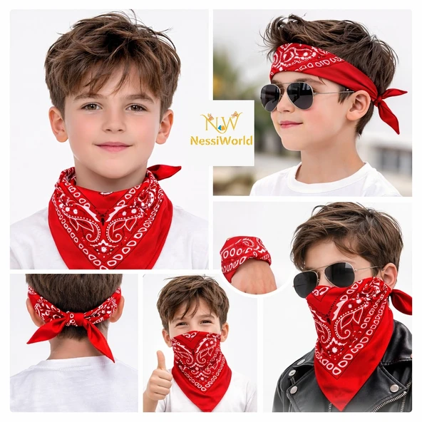 Kırmızı Kovboy Fuları Çocuk Bandana Western Desenli Boyun Fuları ürün görseli 1