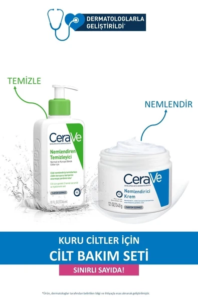 CERAVE Kuru Ciltler Için Cilt Bakım Seti:Nemlendiren Temizleyici 236ML&Nemlendirici Krem 340GR ürün görseli 1