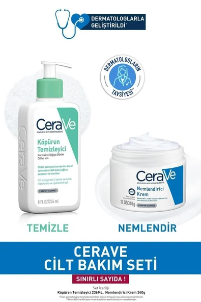 CERAVE Temizleyen ve Nemlendiren Cilt Bakım Seti: Köpüren Temizleyici 236 Ml & Nemlendirici Krem 340 G ürün görseli 1