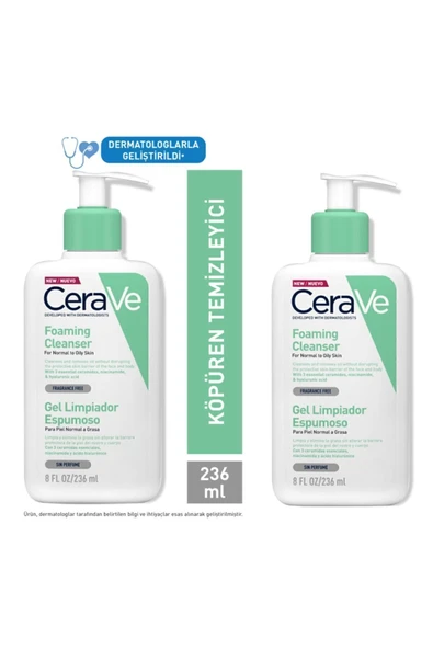 CERAVE Normal Ve Yağlı Ciltler Için Seramid Içerikli Köpüren Temizleyici 236 ml X 2 adet ürün görseli 1