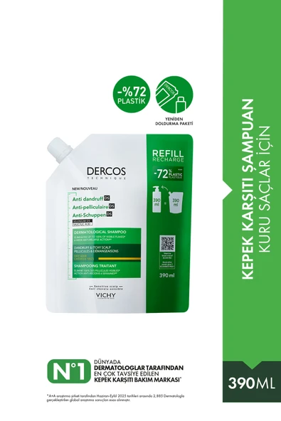 VİCHY Dercos Kepek Karşıtı Kuru Saçlar İçin Şampuan Refill Yeniden Doldurulabilir Paket 390ml ürün görseli 1