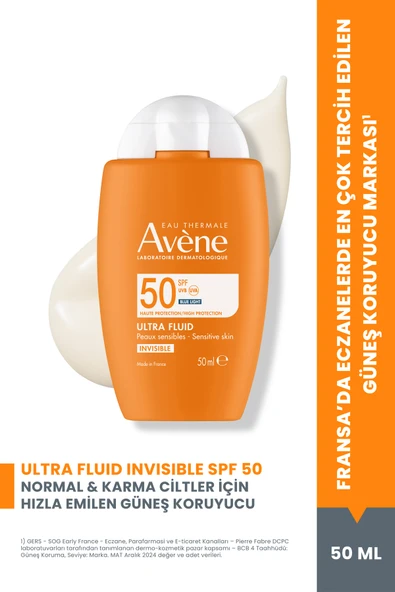 AVENE Ultra Fluid Invisible Normal/Karma Ciltler İçin Ultra Akışkan SPF 50 Güneş Kremi 50 ml ürün görseli 1