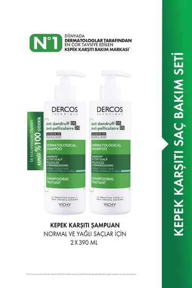 VİCHY Dercos Normal ve Yağlı Saçlar için Salisilik Asit İçeren Kepek Karşıtı Şampuan 390 ml X 2 Adet ürün görseli 1
