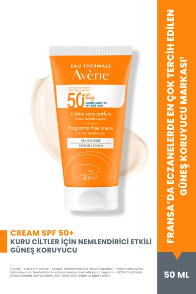 AVENE Cream SPF 50+ Kuru Ciltler için Güneş Kremi Yüksek Koruma ve Nemlendirici Etkili 50 ml ürün görseli 1