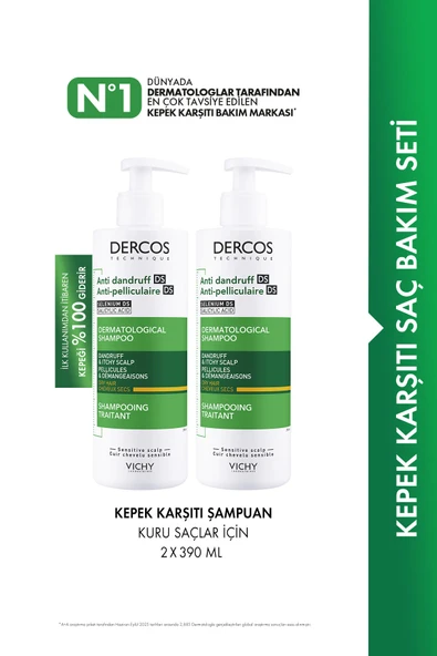 VİCHY Dercos Kuru Saçlar Kepeğe Karşı Etkili Şampuan 390 ml X 2 Adet ürün görseli 1