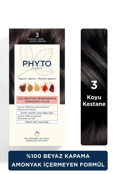 PHYTO Color Amonyaksız Kalıcı Doğal Içerikli Bitkisel Saç Boyası 3 Koyu Kestane ürün görseli 1