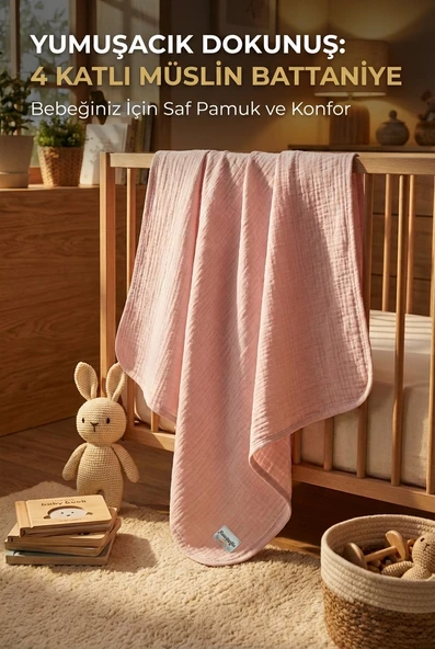Pembe 4 Katlı Müslin Bebek Battaniyesi Hafif ve Yumuşak Dokulu Mevsimlik Çok Amaçlı Örtü 110x110 cm ürün görseli 1