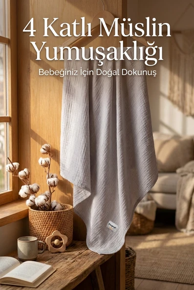Gri 4 Katlı Müslin Bebek Battaniyesi Hafif ve Yumuşak Dokulu Mevsimlik Çok Amaçlı Örtü 110x110 cm ürün görseli 1