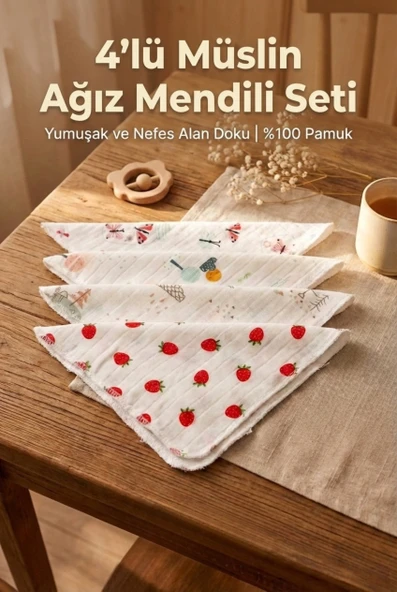 4'lü Modern Desenli Müslin Bebek Ağız Mendili Günlük Kullanım İçin Yumuşak Dokulu 25 x 25 cm ürün görseli 1