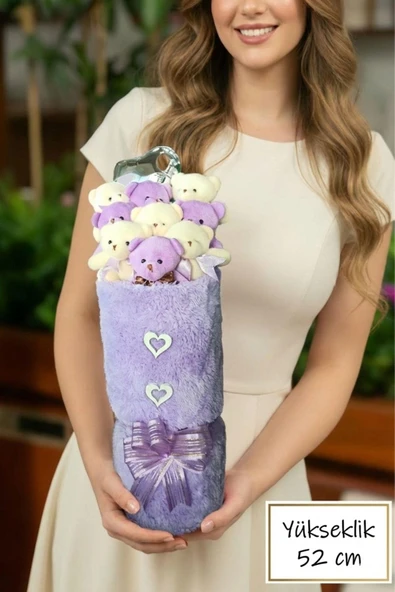 Kadınlar Gününe ÖZEL: Deluxe Mor-Beyaz Peluş Ayıcık Kalp Balonlu Peluş Vazo Tasarımlı Ayıcık Buketi ürün görseli 1