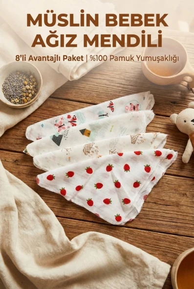 8'li Modern Desenli Müslin Bebek Ağız Mendili Günlük Kullanım İçin Yumuşak Dokulu 25 x 25 cm ürün görseli 1