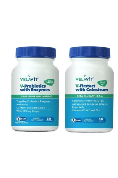 VELAVİT V-probiotics Enzymes Takviye Edici Gıda 30 Kapsül+ V-firstect With Colostrum 30 Table ürün görseli 1
