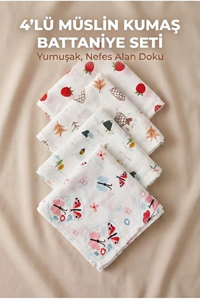 4’lü Müslin Kumaş Bebek Battaniyesi 80x90 cm Karışık Desenli Günlük Kullanım Çok Amaçlı ürün görseli 1