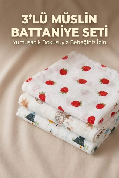 3’lü Müslin Kumaş Bebek Battaniyesi Modern Desenli Günlük Kullanım Çok Amaçlı 80x90 cm ürün görseli 1